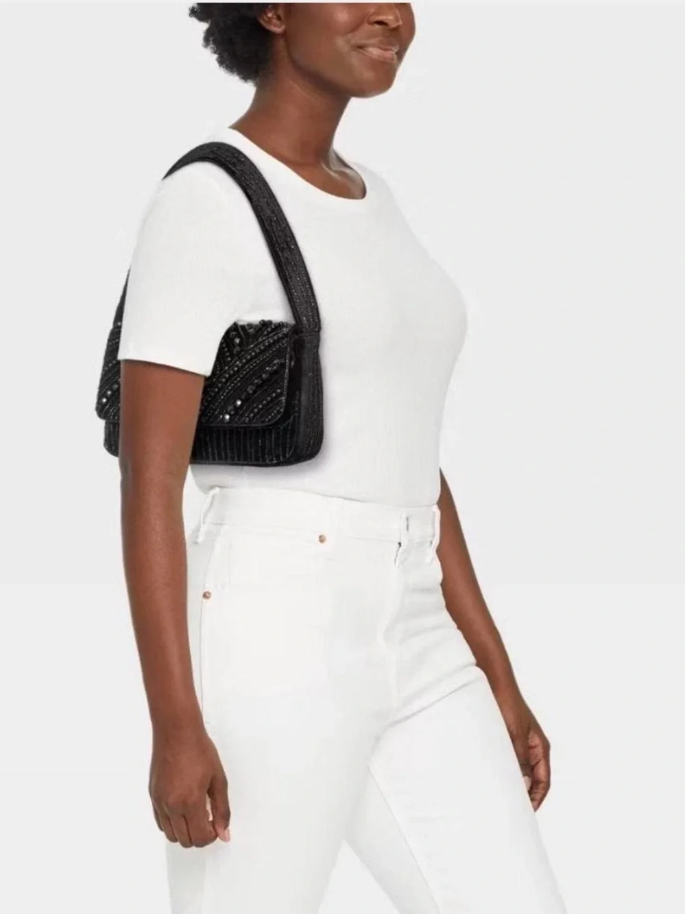 a new day | Women’s Black Beaded Velvet Front Snap Flap Shoulder Bag OS